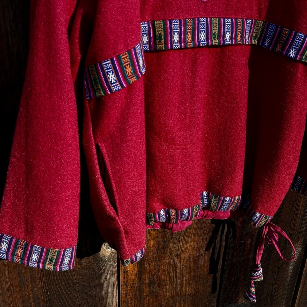 Nepalese Wool Pullover Deep Red with Patterned woven Trim Size XL - Picture 6 of 9